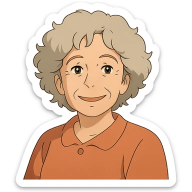 ghibli style smiling 50 year old lady with silver curly hair sticker