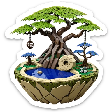Alien Lego spacecraft hanging jungle-vines mountain-island landscape antique mudman very old broken cracked intricate Stone Age rocky-crusted irregular dodecagon-shaped shallow dark moss rough bark blue willow flowered maple tree bonsai pot sticker