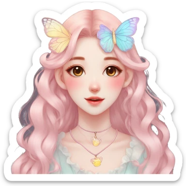 Gorgeous pastel anime style lady with blushing face and butterfly wings necklace cottagecore fairycore pastelcore colorful pearly romantic simplistic aesthetic trending style sticker