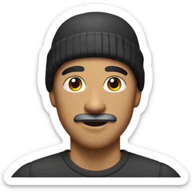 Hispanic man with skinny mustache and a beanie sticker