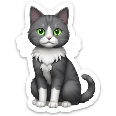 full body view of beautiful female solid dark grey cat with green eyes, white toes/paws and white patch on her chest sticker