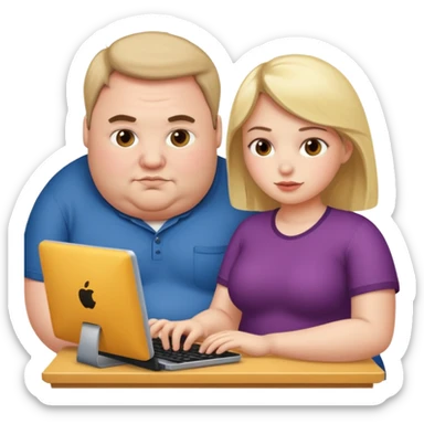A girl helping a really fat man on the computer sticker