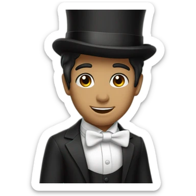 Full head young man, black hair, white bow,, white bow tie, black suit and top hat, sticker