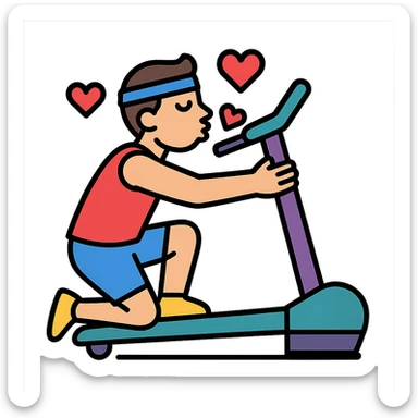 the sportsman is hugging and kissing the treadmill. They are surrounded by red hearts sticker