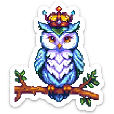pixel art crowned owl, perched on a branch sticker