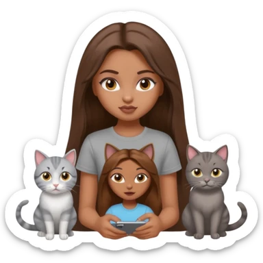 a pretty bratz dusky girl with long brown hair with four cats nd wearing a grey tshirt sticker