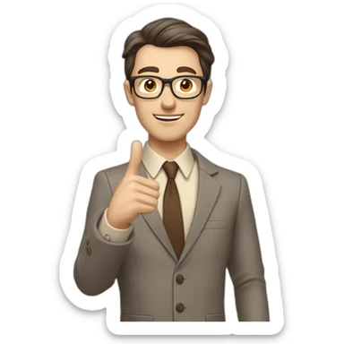To belt Actively gesturing with hands Okay Pale skinned fit man with dark brown hair in gray jacket, beige office shirt, brown tie, brown pants and vintage glasses. sticker