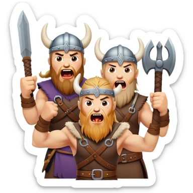hree different Vikings scream, weapons in their hands, realistic sticker
