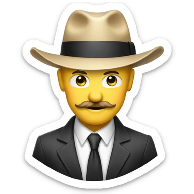 A blond white man with a suit, a tie, a fedora hat, a mustache, and a devilish smirk sticker