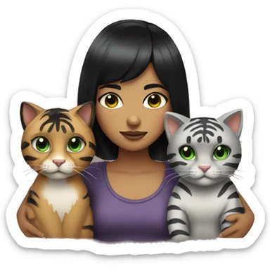 girl with short black hair, micro bangs, green eyes holding two cats one is black the other looks like a grey tiger  sticker