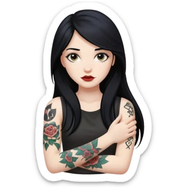 hyper realistic beautiful Pale girl with long black hair arm tattoos sticker