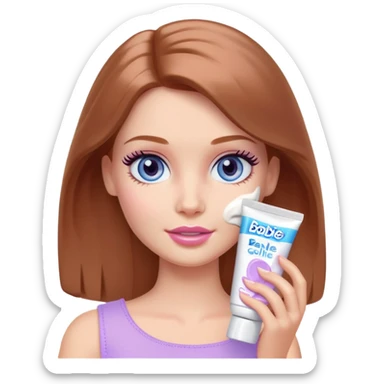 Barbie girl Chestnut Shoulder-length hair and blue eyes is In pale purple applying cream on face sticker