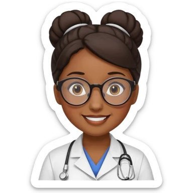 una enfermera escolar con gafas llamativas y un moño pequeño, morena de piel y pelo sticker