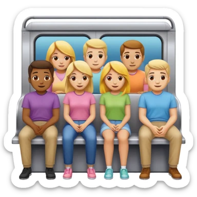 group of five cheerful people, men and women, standing and sitting close together in a subway car like Apple emoji subway with colorful outlook, dressed in different pastel t-shirts, Apple emoji style sticker