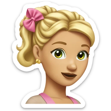 girl with blonde hair in a bun on the top of her head, green eyes, gold earrings, and a pink bow in her bun sticker