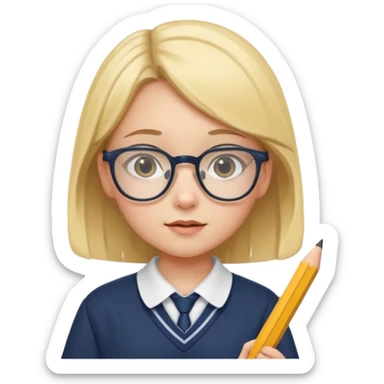 girl kid with glasses → holding a pencil with school uniform sticker