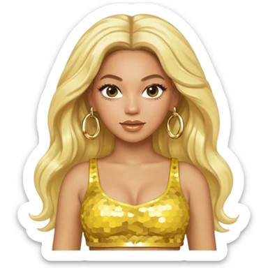 Beyonce with long platinum blonde hair, yellow sequin crop top yellow sequin skirt, gold earring sticker