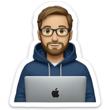 Brown hair white man with a beard and round glasses typing on apple computer wearing a dark blue nike hoodie sticker