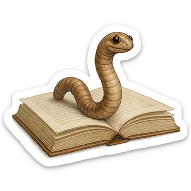 a realistic bookworm emerging from an open book, detailed shading sticker