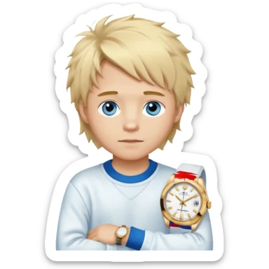 Create a look for a blond boy with long, tousled hair, light eyes, a white sweater, a wealthy appearance, blue eyes, and accessories like a Rolex or Cartier watch, and a cute face with messy hair down. blue eyes + + pajama white fluffy + cap fluffy sticker