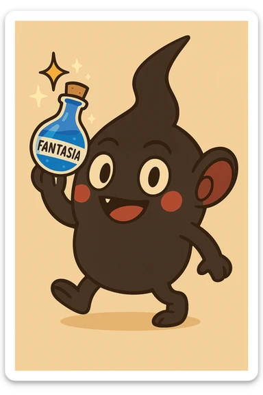 Change the liquid in the fantasia bottle to a vibrant blue, keeping the cartoonish, playful style and all other details the same. sticker