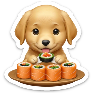 A cute golden retriever puppy eating gimbap in iPhone emoji style, soft 3D glossy texture, bright vivid colors, no outlines, centered composition, transparent background. sticker