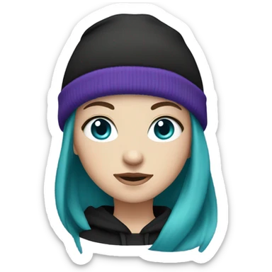 White girl, black hoodie, teal hair, purple beanie hat, blue eyes sticker
