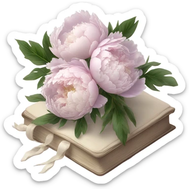 A vintage-inspired bouquet of pale violet and blush peonies resting on a lace-covered book. sticker