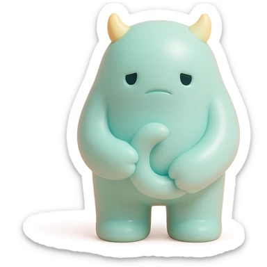 small monster with drooping shoulders, holding its own tail, gentle lighting, subtle colors, toy-like vinyl figure style sticker