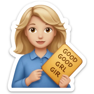 Can you make her more browny blonde with a slight curl in her hair with rosy cheeks holding a sign saying good girl  sticker