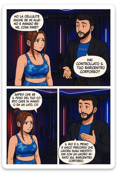 TRASFORMA QUESTO CAROSELLO IN UN FUMETTO STILE MANGA A COLORI CON QUESTE DUE PERSONE IDENTICHE CHE INTERLOQUISCONO TRA LORO:

LEI: Ho la cellulite anche se mi alleno e mangio bene, cosa posso fare?

LUI: Hai controllato il tuo baricentro corporeo?
LUI: Sapevi che se il peso del tuo corpo cade in avanti o da un lato, c’è un disallineamento fra bacino e torace, che comprimendo le coste, limita la motilità del diaframma e l’ossigenazione dei tessuti?
LUI: Il mio è il primo e unico percorso che lavora sugli inestetismi con un lavoro mirato sul baricentro corporeo. sticker