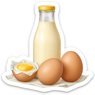 A cluster of dairy items: a milk bottle with an eggs and butter sticker