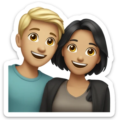 One brunette Girl, one blond girl and two black haired boys laughing together sticker