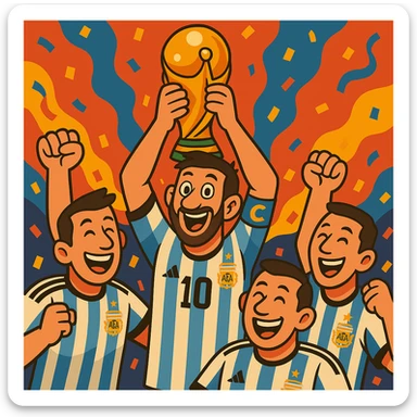 Make Messi look even more cartoonish and exaggerated, with larger eyes and expressive features, lifting the World Cup above his head, surrounded by teammates, joyful expression. sticker