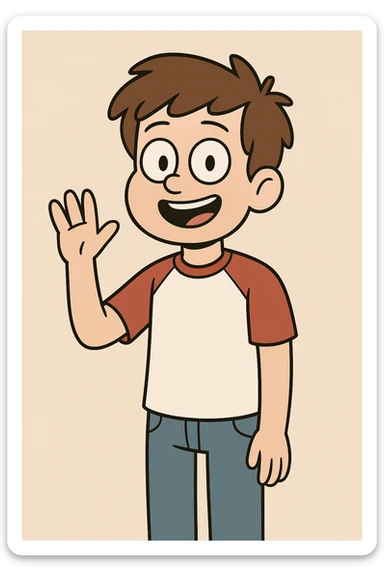 A boy brown hair black eyes red white shirt blueblue jeans a hand hello  sticker