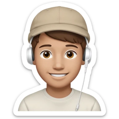 Only the head of a young guy with brown hair smiling with airpods in his ears and a cap on his head turned back. sticker