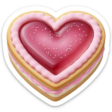 Realistic shortbread cookie in the shape of a heart with pale pink jelly middle filling and sprinkled powder sugar on top. sticker