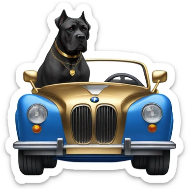 A Cane Corso driving a gold and blue BMW. sticker