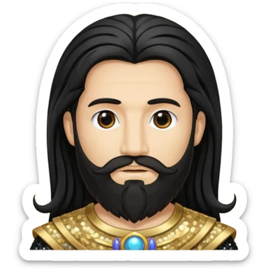 Saturn, God of Time with long black hair and beard, black sequin outfit sticker