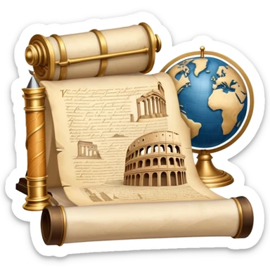 An icon featuring an ancient scroll, a quill pen, and a globe, surrounded by famous historical landmarks and statues of notable figures, like the Colosseum or Napoleon. The design symbolizes the exploration of history through monuments and people. Transparent background highlights the past sticker