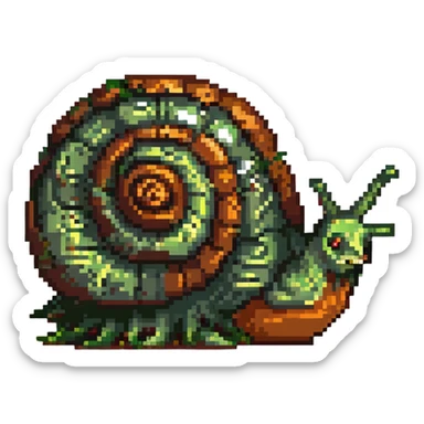 zombie snail, pixel art style, green and brown, drooling, spooky eyes sticker