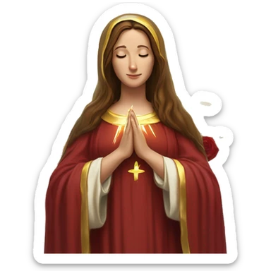 Virgin Mary: kind face looking down at the left, long brown hair, Wearing an emerald green  robe with gold stars and a burgundy red dress,  Hands in prayer or blessing. Halo around her head. standing in front of a big sun. colorful roses on the sides  sticker