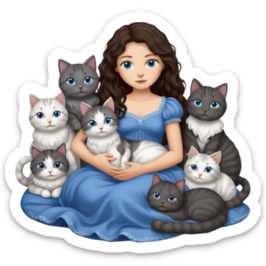 detailed realistic looking a dark grey and white cat regally laying with six other cats, cuddling with their owner in bed who is a pretty bratz lightly tanned white girl with long dark brown hair, blue eyes and gorgeous long wavy hair wearing a pretty detailed dress sticker