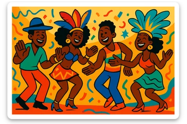 Black people dancing the samba, hands beckoning, vibrant, joyful, expressive movement, colorful costumes, festive atmosphere sticker