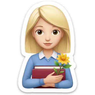 The blonde holds a stack of books + flower sticker