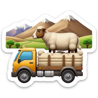 Cartoon 3D emoji of a Peruvian rural truck transporting sheep in the back, wooden cargo bed, Andes mountain landscape, dusty countryside road, glossy finish, bold outlines, vibrant natural colors, sticker design, transparent background sticker