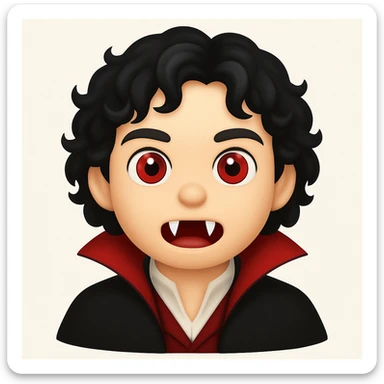 Create an image of a vampire boy with medium-length curly black hair and more prominent fangs in an emoji style. The style should resemble emoji aesthetics but use the general editing model for best results. sticker