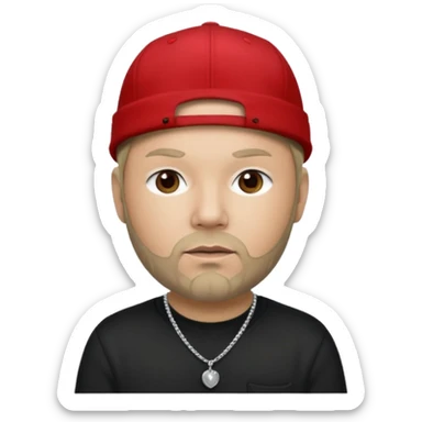 Fred Durst with light skin, dark blonde, red cap, black shirt with silver necklace, khaki pants sticker