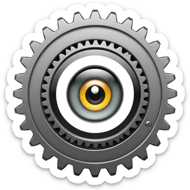 Minimalist emoji-style sticker of a mechanical gear with a realistic eye in the center. Flat graphic icon in grayscale. sticker