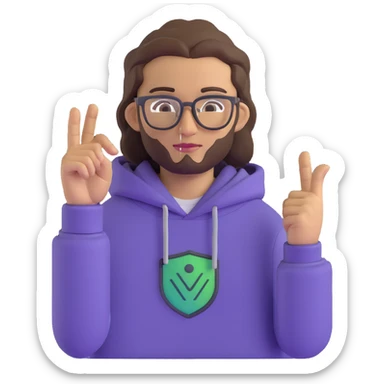 male software developer making 'eyvallah' gesture, right hand on chest, long brown hair tied back, glasses, short beard, light tan skin, wearing a hoodie with </> logo, tech and code background sticker
